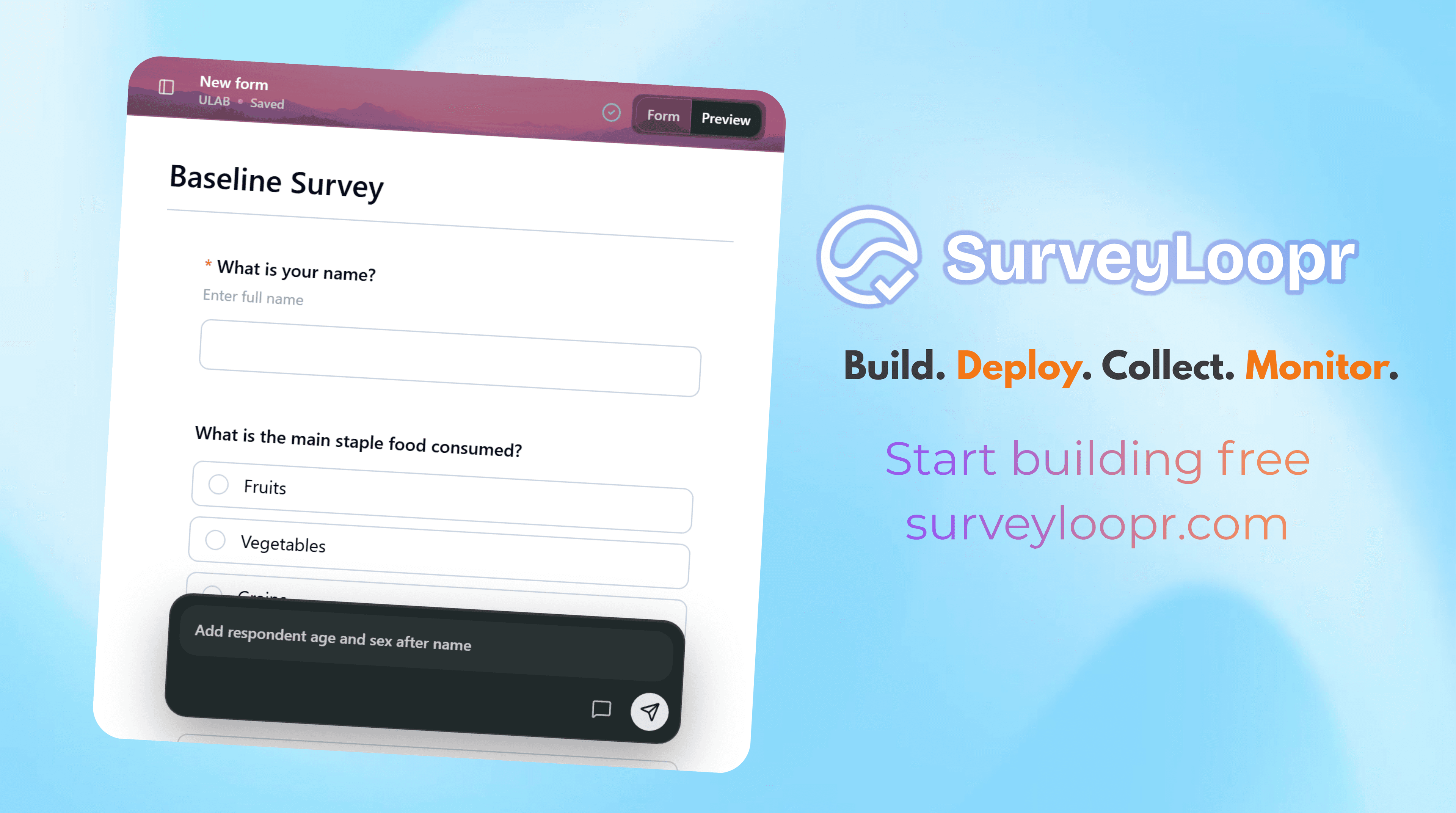 SurveyLoopr dashboard — form builder, monitoring and qualitative analysis